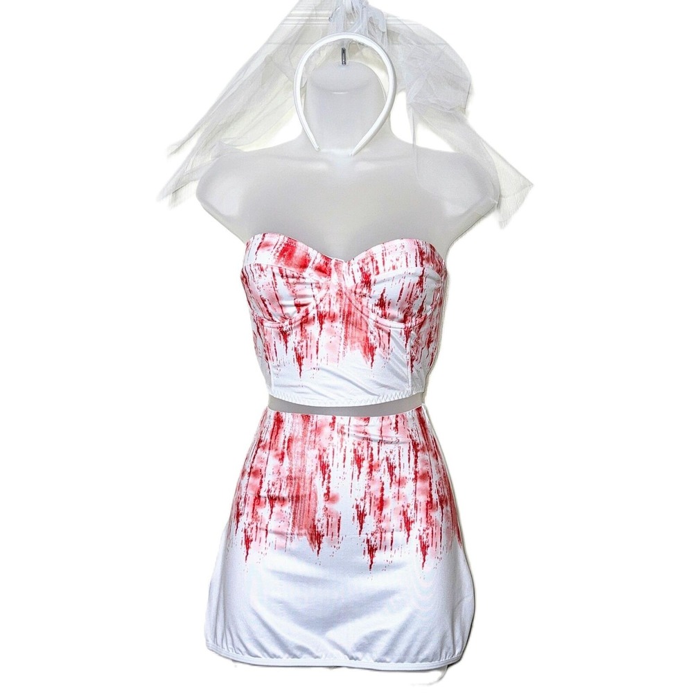 New M Bloody Bride Halloween Costume Bustier Top Skirt Veil‎ Zombie Dead Ex Wife